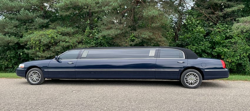 Limousine restoration completed, pictured from the drivers side in front of green trees and bushes.
